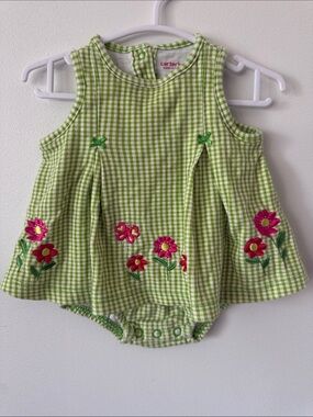 Carter's Lime Green Gingham Floral Embroidered Dress Onesie